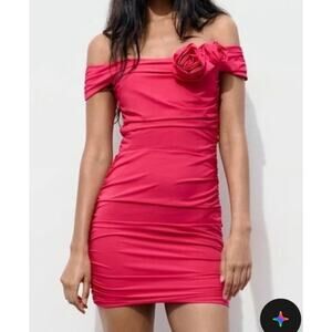 Zara Hot Pink Bodycon Flower Detail Mini Dress M NWT